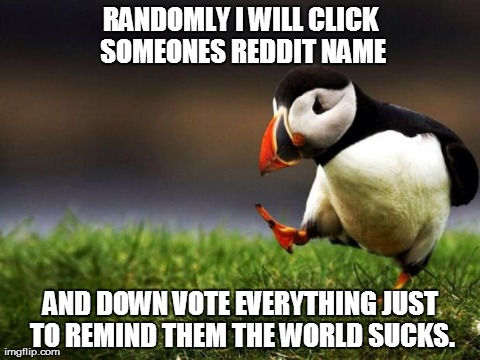 Unpopular Opinion Puffin | RANDOMLY I WILL CLICK SOMEONES REDDIT NAME AND DOWN VOTE EVERYTHING JUST TO REMIND THEM THE WORLD SUCKS. | image tagged in memes,unpopular opinion puffin,AdviceAnimals | made w/ Imgflip meme maker