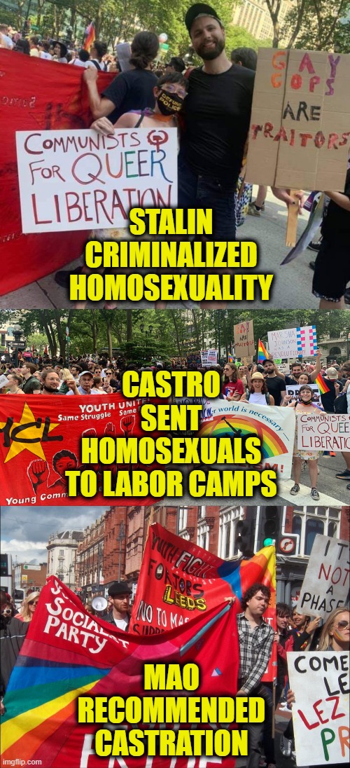 Happy Communist Pride Month! | STALIN
CRIMINALIZED
HOMOSEXUALITY; CASTRO
SENT
HOMOSEXUALS
TO LABOR CAMPS; MAO
RECOMMENDED
CASTRATION | image tagged in communism | made w/ Imgflip meme maker