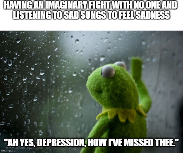 Idk why I do this to myself... | HAVING AN IMAGINARY FIGHT WITH NO ONE AND 
LISTENING TO SAD SONGS TO FEEL SADNESS; "AH YES, DEPRESSION, HOW I'VE MISSED THEE." | image tagged in kermit window | made w/ Imgflip meme maker