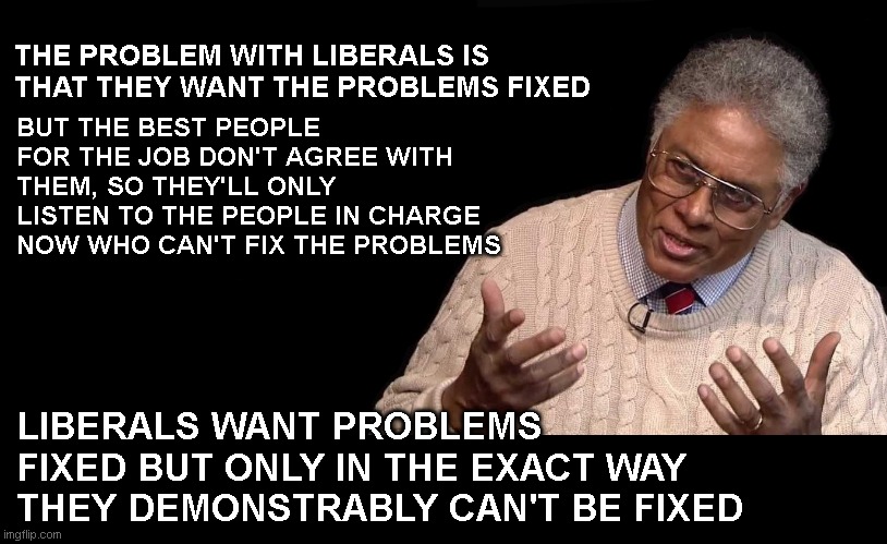 Thomas Sowell | BUT THE BEST PEOPLE FOR THE JOB DON'T AGREE WITH THEM, SO THEY'LL ONLY LISTEN TO THE PEOPLE IN CHARGE NOW WHO CAN'T FIX THE PROBLEMS; THE PROBLEM WITH LIBERALS IS THAT THEY WANT THE PROBLEMS FIXED; LIBERALS WANT PROBLEMS FIXED BUT ONLY IN THE EXACT WAY THEY DEMONSTRABLY CAN'T BE FIXED | image tagged in thomas sowell | made w/ Imgflip meme maker