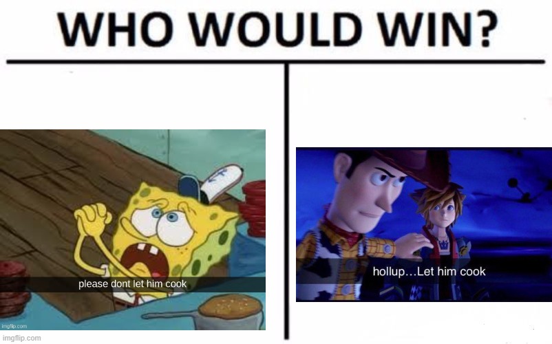 Let's cook up some good responses. | image tagged in who would win,cooking,spongebob,woody | made w/ Imgflip meme maker