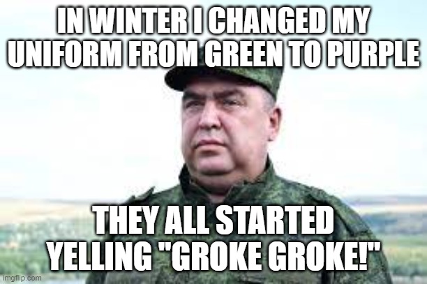 Captain Hippo | IN WINTER I CHANGED MY UNIFORM FROM GREEN TO PURPLE; THEY ALL STARTED YELLING "GROKE GROKE!" | image tagged in captain hippo | made w/ Imgflip meme maker