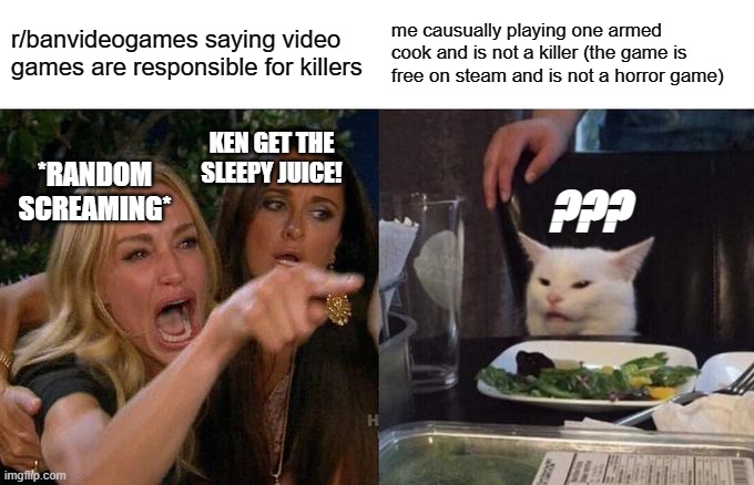 Woman Yelling At Cat | r/banvideogames saying video games are responsible for killers; me causually playing one armed cook and is not a killer (the game is free on steam and is not a horror game); KEN GET THE SLEEPY JUICE! *RANDOM SCREAMING*; ??? | image tagged in memes,woman yelling at cat | made w/ Imgflip meme maker