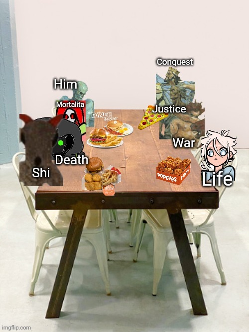 Family dinner :) | Conquest; Him; Mortalita; Justice; War; Death; Shi; Life | made w/ Imgflip meme maker