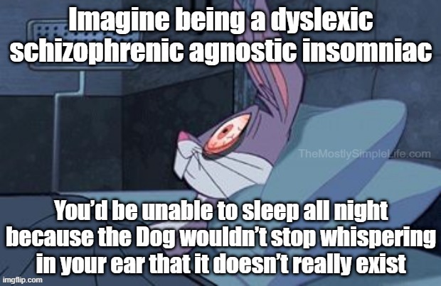 the suffering is real | image tagged in insomnia,schizophrenia,dyslexia,agnostic,atheism,funny | made w/ Imgflip meme maker