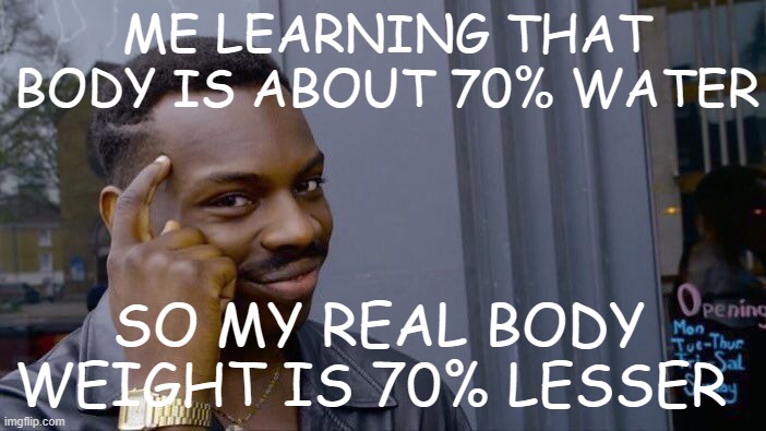 i hope it helps ur day | ME LEARNING THAT BODY IS ABOUT 70% WATER; SO MY REAL BODY WEIGHT IS 70% LESSER | image tagged in memes,roll safe think about it | made w/ Imgflip meme maker