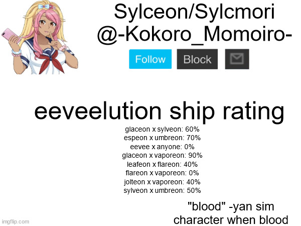 Kokoro Momoiro announcement 2 | eeveelution ship rating; glaceon x sylveon: 60%
espeon x umbreon: 70%
eevee x anyone: 0%
glaceon x vaporeon: 90%
leafeon x flareon: 40%
flareon x vaporeon: 0%
jolteon x vaporeon: 40%
sylveon x umbreon: 50% | image tagged in kokoro momoiro announcement 2 | made w/ Imgflip meme maker