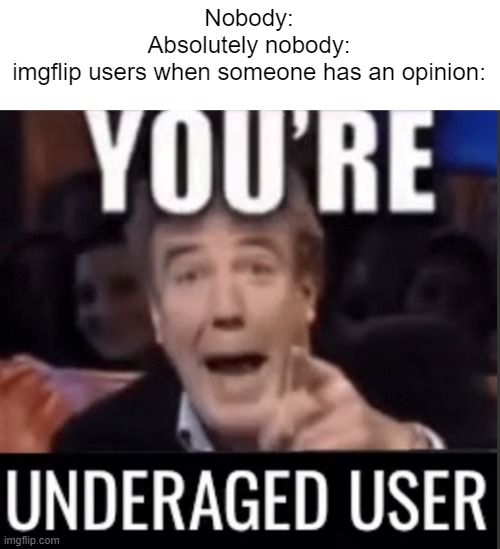 It's so painful that imgflip users have to deal with all of this because of stating their opinions... | Nobody:
Absolutely nobody:
imgflip users when someone has an opinion: | image tagged in you re underage user,memes,opinion,imgflip,funny,so true memes | made w/ Imgflip meme maker