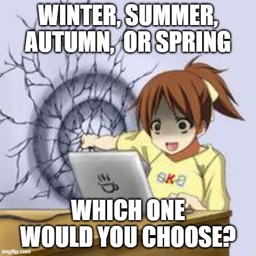 new survey | WINTER, SUMMER, AUTUMN,  OR SPRING; WHICH ONE WOULD YOU CHOOSE? | image tagged in anime wall punch | made w/ Imgflip meme maker