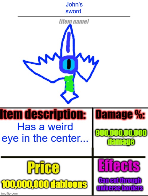 Ye | John's sword; Has a weird eye in the center... 900,000,00,000
damage; 100,000,000 dabloons; Can cut through universe borders | image tagged in item-shop extended | made w/ Imgflip meme maker