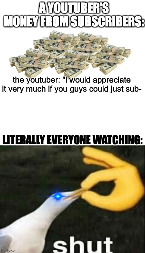 youtubers | A YOUTUBER'S MONEY FROM SUBSCRIBERS:; the youtuber: "i would appreciate it very much if you guys could just sub-; LITERALLY EVERYONE WATCHING: | image tagged in memes,blank transparent square,shut | made w/ Imgflip meme maker