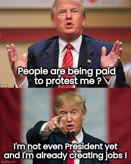 An Ocean of Liberal Tears | People are being paid
 to protest me ? I'm not even President yet and I'm already creating jobs ! | image tagged in donald trump huge,trump derangement syndrome,mental illness,politicians suck,bipartisan,x all the y | made w/ Imgflip meme maker