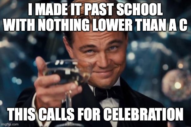 im genuinely surprised | I MADE IT PAST SCHOOL WITH NOTHING LOWER THAN A C; THIS CALLS FOR CELEBRATION | image tagged in memes,leonardo dicaprio cheers | made w/ Imgflip meme maker