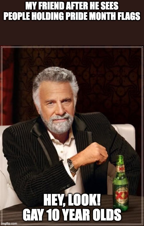 The Most Interesting Man In The World | MY FRIEND AFTER HE SEES PEOPLE HOLDING PRIDE MONTH FLAGS; HEY, LOOK! GAY 10 YEAR OLDS | image tagged in memes,the most interesting man in the world | made w/ Imgflip meme maker