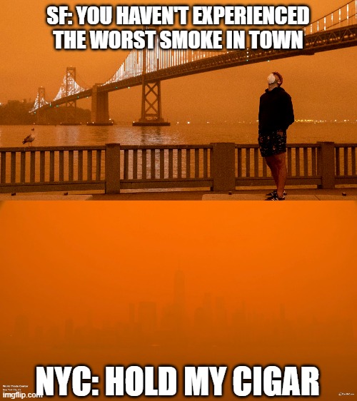 San Fran had it good | SF: YOU HAVEN'T EXPERIENCED THE WORST SMOKE IN TOWN; NYC: HOLD MY CIGAR | image tagged in hold my beer,smoke,wildfires,canada,nyc,san francisco | made w/ Imgflip meme maker