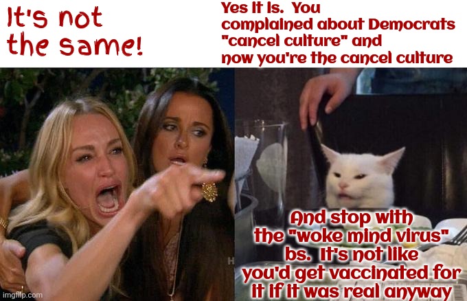 Dizzing Hypocrisy | Yes it is.  You complained about Democrats "cancel culture" and now you're the cancel culture; It's not the same! And stop with the "woke mind virus" bs.  It's not like you'd get vaccinated for it if it was real anyway | image tagged in memes,woman yelling at cat,gop hypocrite,conservative hypocrisy,hypocrites,cancel culture | made w/ Imgflip meme maker