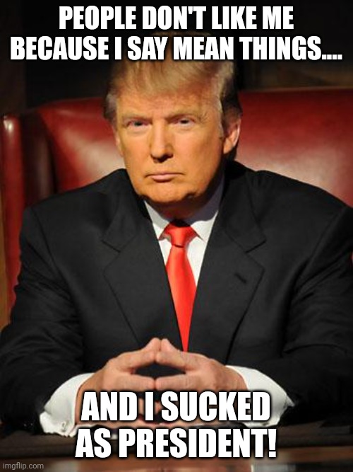 People don't like trump | PEOPLE DON'T LIKE ME BECAUSE I SAY MEAN THINGS.... AND I SUCKED AS PRESIDENT! | image tagged in donald trump,trump supporter,conservative,republican,democrat,liberal | made w/ Imgflip meme maker
