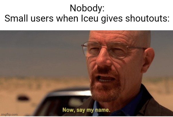 Meme #1,754 | Nobody:
Small users when Iceu gives shoutouts: | image tagged in now say my name,iceu,shouter,out,true,annoying | made w/ Imgflip meme maker