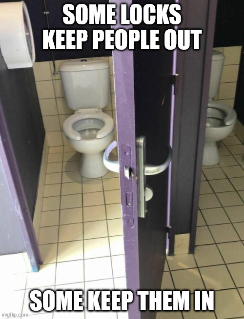 Suddenly privacy is the least of my worries | SOME LOCKS KEEP PEOPLE OUT; SOME KEEP THEM IN | image tagged in toilet,bathroom,lock | made w/ Imgflip meme maker
