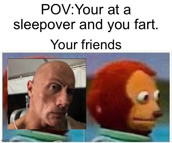 Monkey Puppet Meme | POV:Your at a sleepover and you fart. Your friends | image tagged in memes,monkey puppet | made w/ Imgflip meme maker