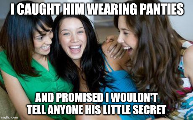 women laughing | I CAUGHT HIM WEARING PANTIES; AND PROMISED I WOULDN'T TELL ANYONE HIS LITTLE SECRET | image tagged in women laughing | made w/ Imgflip meme maker