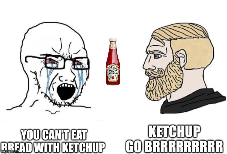 Idk | KETCHUP GO BRRRRRRRRR; YOU CAN’T EAT BREAD WITH KETCHUP | image tagged in soyboy vs yes chad | made w/ Imgflip meme maker