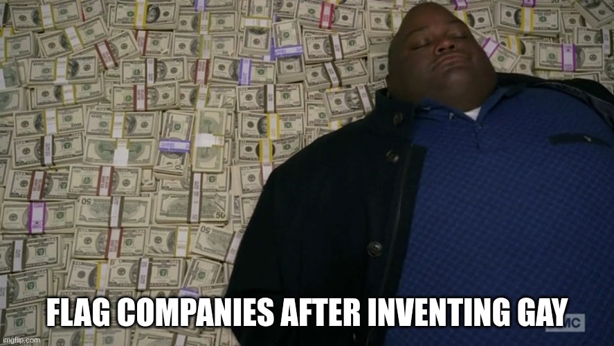 guy sleeping on pile of money | FLAG COMPANIES AFTER INVENTING GAY | image tagged in guy sleeping on pile of money | made w/ Imgflip meme maker