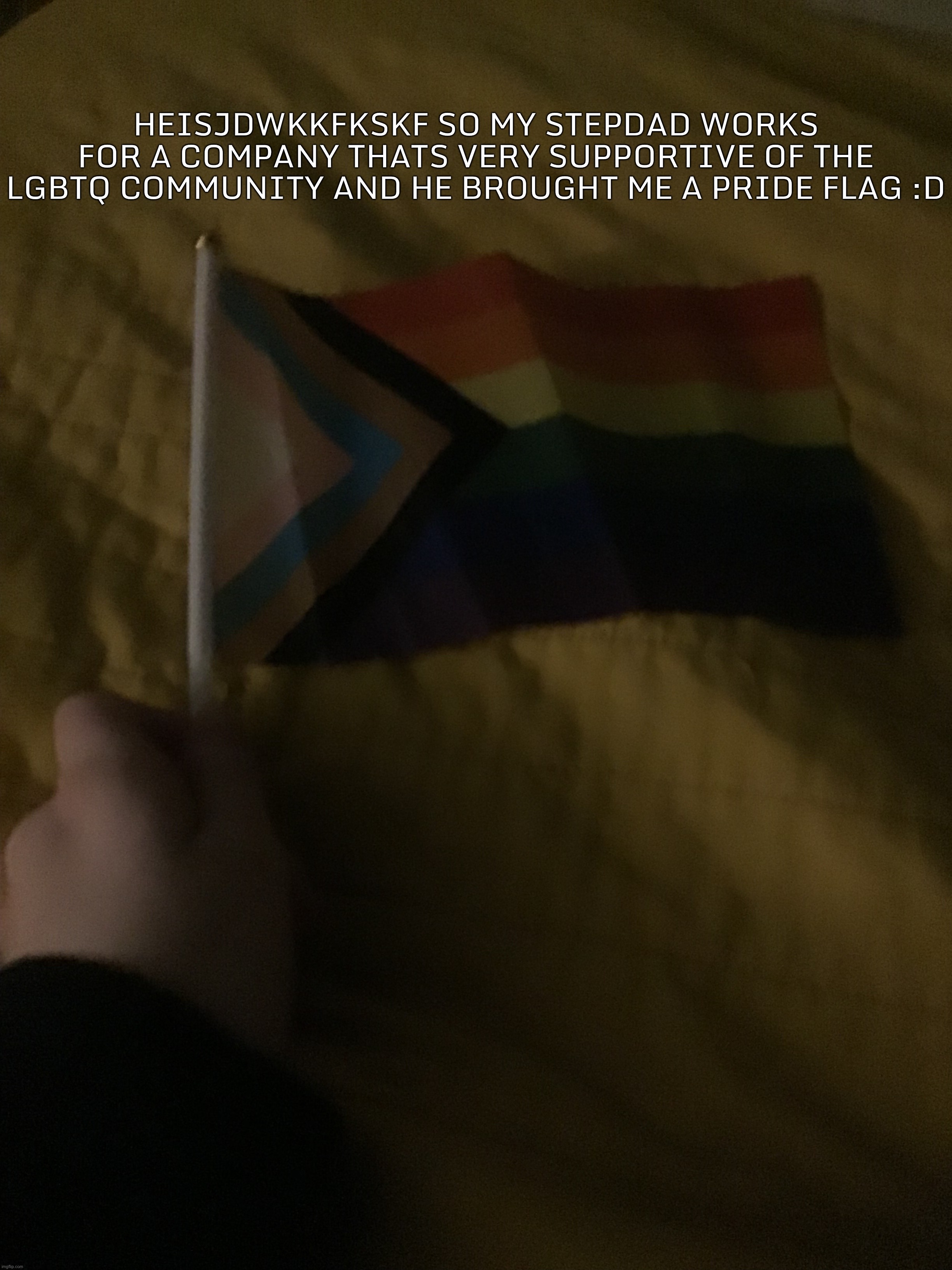 now i shall hopefully go back to fanfic writing without any further interruptions | HEISJDWKKFKSKF SO MY STEPDAD WORKS FOR A COMPANY THATS VERY SUPPORTIVE OF THE LGBTQ COMMUNITY AND HE BROUGHT ME A PRIDE FLAG :D | made w/ Imgflip meme maker
