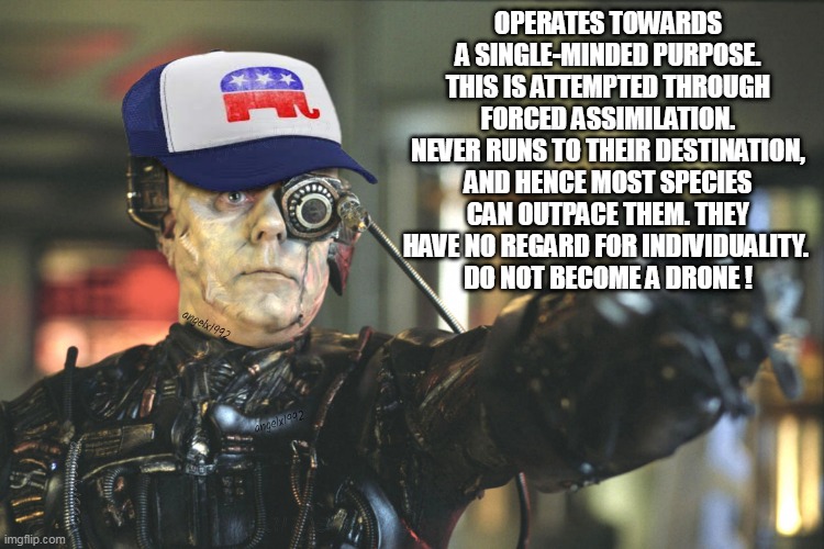 republicans | OPERATES TOWARDS A SINGLE-MINDED PURPOSE. THIS IS ATTEMPTED THROUGH FORCED ASSIMILATION. NEVER RUNS TO THEIR DESTINATION, AND HENCE MOST SPECIES CAN OUTPACE THEM. THEY HAVE NO REGARD FOR INDIVIDUALITY. 
DO NOT BECOME A DRONE ! | image tagged in republicans,borg,star trek,clown car republicans,maga morons,star trek the next generation | made w/ Imgflip meme maker