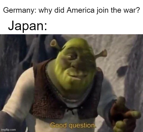 Shrek good question | Germany: why did America join the war? Japan: | image tagged in shrek good question,funny,history | made w/ Imgflip meme maker