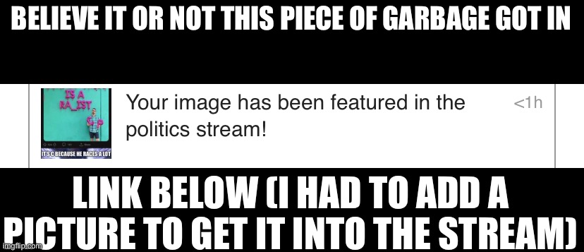 So this was a follow up to one of those “5 upvotes and it goes to politics” posts | BELIEVE IT OR NOT THIS PIECE OF GARBAGE GOT IN; LINK BELOW (I HAD TO ADD A PICTURE TO GET IT INTO THE STREAM) | made w/ Imgflip meme maker