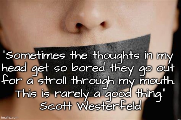 Speaking One's Mind | “Sometimes the thoughts in my 
head get so bored they go out 
for a stroll through my mouth. 
This is rarely a good thing.”
Scott Westerfeld | image tagged in the truth,angry | made w/ Imgflip meme maker
