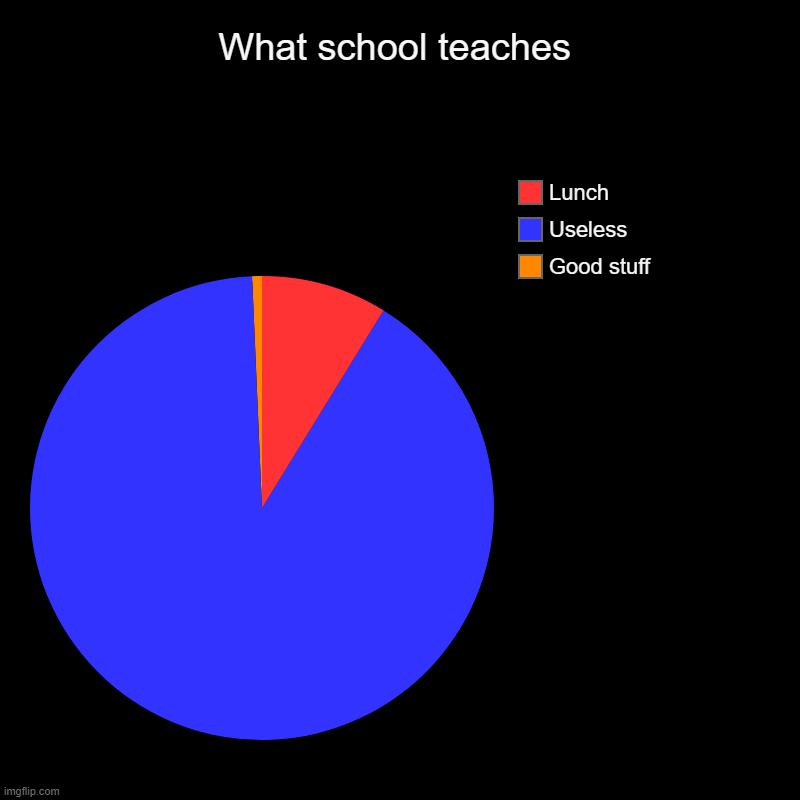 Schools | What school teaches | Good stuff, Useless, Lunch | image tagged in charts,pie charts | made w/ Imgflip chart maker