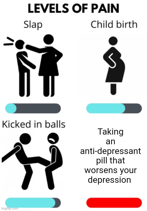 Smh, anti-depressant pill | Taking an anti-depressant pill that worsens your depression | image tagged in levels of pain,depression,medicine,pill,memes,meme | made w/ Imgflip meme maker