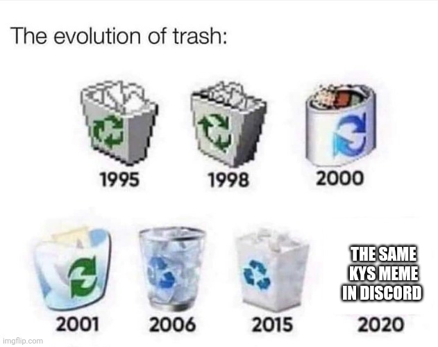 The evolution of trash | THE SAME KYS MEME IN DISCORD | image tagged in the evolution of trash | made w/ Imgflip meme maker