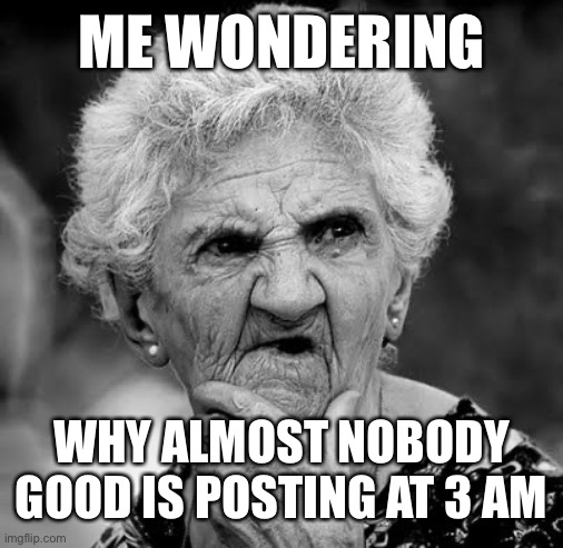 Wondering Old Lady | ME WONDERING; WHY ALMOST NOBODY GOOD IS POSTING AT 3 AM | image tagged in wondering old lady | made w/ Imgflip meme maker