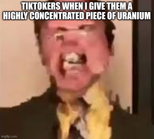 just some silly goofy trolling :) | TIKTOKERS WHEN I GIVE THEM A HIGHLY CONCENTRATED PIECE OF URANIUM | image tagged in dwight screaming,uranium,radiation | made w/ Imgflip meme maker