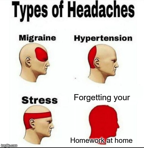 Types of Headaches meme | Forgetting your; Homework at home | image tagged in types of headaches meme | made w/ Imgflip meme maker