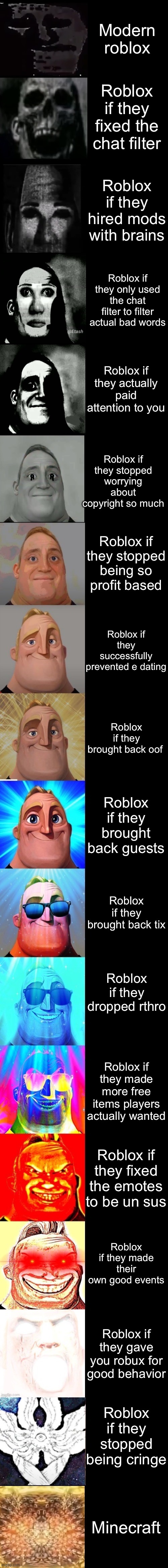 Mr Incredible from Trollge to God | Modern roblox; Roblox if they fixed the chat filter; Roblox if they hired mods with brains; Roblox if they only used the chat filter to filter actual bad words; Roblox if they actually paid attention to you; Roblox if they stopped worrying about copyright so much; Roblox if they stopped being so profit based; Roblox if they successfully prevented e dating; Roblox if they brought back oof; Roblox if they brought back guests; Roblox if they brought back tix; Roblox if they dropped rthro; Roblox if they made more free items players actually wanted; Roblox if they fixed the emotes to be un sus; Roblox if they made their own good events; Roblox if they gave you robux for good behavior; Roblox if they stopped being cringe; Minecraft | image tagged in mr incredible from trollge to god | made w/ Imgflip meme maker