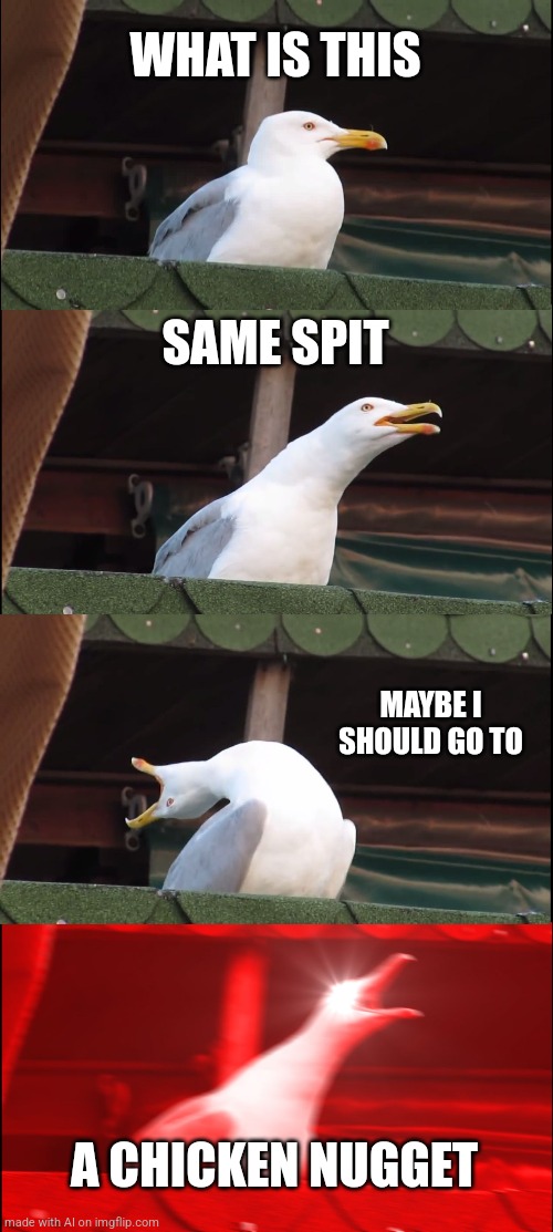 Inhaling Seagull Meme | WHAT IS THIS; SAME SPIT; MAYBE I SHOULD GO TO; A CHICKEN NUGGET | image tagged in memes,inhaling seagull | made w/ Imgflip meme maker