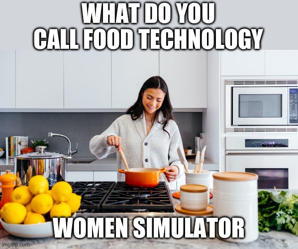 Lol imagine cooking | WHAT DO YOU CALL FOOD TECHNOLOGY; WOMEN SIMULATOR | image tagged in memes,you have been eternally cursed for reading the tags,sexism | made w/ Imgflip meme maker