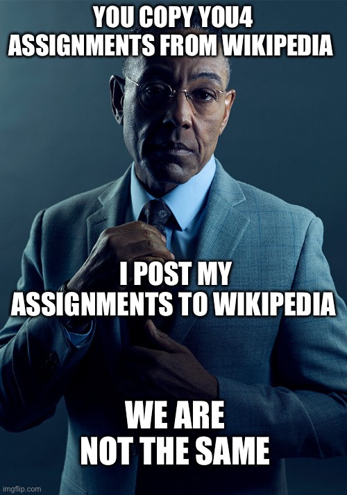Gus Fring we are not the same | YOU COPY YOU4 ASSIGNMENTS FROM WIKIPEDIA; I POST MY ASSIGNMENTS TO WIKIPEDIA; WE ARE NOT THE SAME | image tagged in gus fring we are not the same | made w/ Imgflip meme maker
