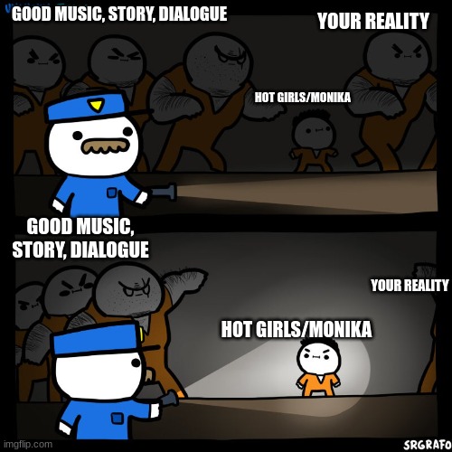 What I think DDLC is mostly known for | GOOD MUSIC, STORY, DIALOGUE; YOUR REALITY; HOT GIRLS/MONIKA; GOOD MUSIC, STORY, DIALOGUE; YOUR REALITY; HOT GIRLS/MONIKA | image tagged in prison break | made w/ Imgflip meme maker