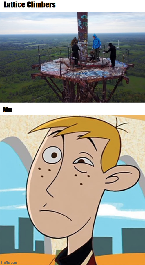 Afrait of Heights | image tagged in lattice climbing,kimpossible,ron,meme,memes | made w/ Imgflip meme maker