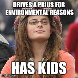 hippie meme girl | DRIVES A PRIUS FOR ENVIRONMENTAL REASONS HAS KIDS | image tagged in hippie meme girl | made w/ Imgflip meme maker
