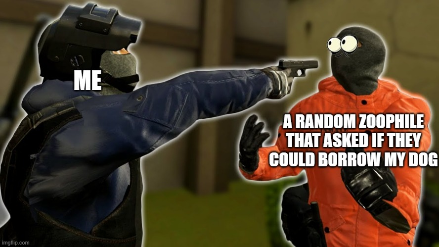 "so is that a no?" | ME; A RANDOM ZOOPHILE THAT ASKED IF THEY COULD BORROW MY DOG | image tagged in joshdub pointing a gun at x | made w/ Imgflip meme maker