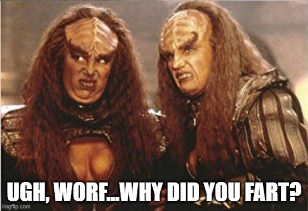 Worf Fart | UGH, WORF...WHY DID YOU FART? | image tagged in klingon women | made w/ Imgflip meme maker