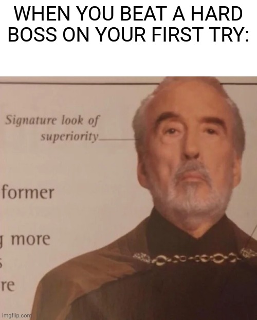 It's even better when you do it hitless | WHEN YOU BEAT A HARD BOSS ON YOUR FIRST TRY: | image tagged in signature look of superiority | made w/ Imgflip meme maker