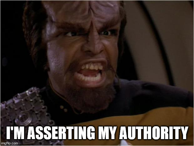 Worf Yelling | I'M ASSERTING MY AUTHORITY | image tagged in worf yelling | made w/ Imgflip meme maker