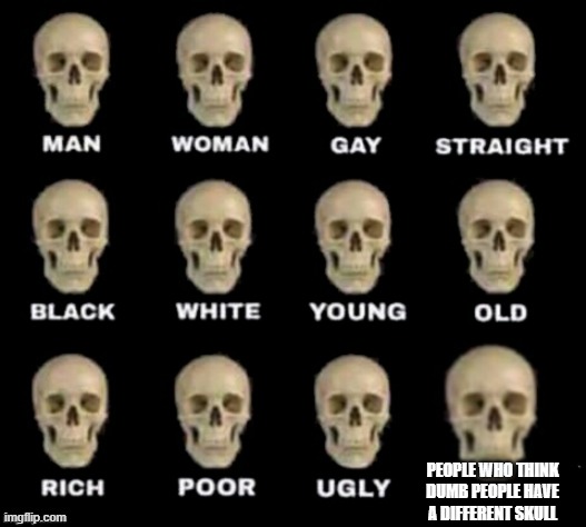 No offence | PEOPLE WHO THINK DUMB PEOPLE HAVE A DIFFERENT SKULL | image tagged in idiot skull | made w/ Imgflip meme maker